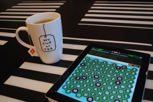 Morning tea in a brand new mega-mug, plus my newest iPad obsession - Monkey Wrench.